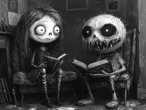This charming black-and-white illustration features a cute little zombie with messy hair engrossed in reading a story to an alien seated on the ground. Crafted in a pencil drawing style, the cartoon character design is perfect for a children's book, with simple details that enhance its playful appeal. The full-body shot captures the whimsical interaction between the two characters, while the wide-angle perspective adds depth to the scene. This delightful artwork sparks imagination and encourages young readers to explore the joys of storytelling and friendship.