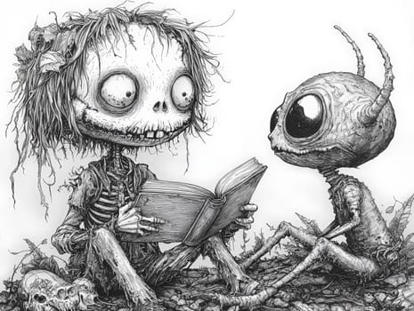 This charming black-and-white illustration features a cute little zombie with messy hair engrossed in reading a story to an alien seated on the ground. Crafted in a pencil drawing style, the cartoon character design is perfect for a children's book, with simple details that enhance its playful appeal. The full-body shot captures the whimsical interaction between the two characters, while the wide-angle perspective adds depth to the scene. This delightful artwork sparks imagination and encourages young readers to explore the joys of storytelling and friendship.