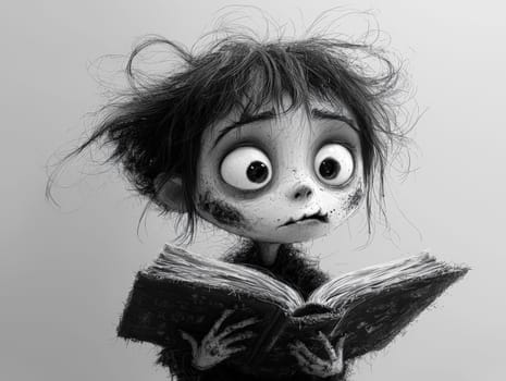This charming black-and-white illustration features a cute little zombie with messy hair, engrossed in a book. Rendered in a pencil drawing style, the cartoon character design captures the whimsical essence perfect for a children's book. With simple details and a full-body shot, the artwork invites young readers into a playful world of imagination. The wide-angle perspective adds depth, enhancing the overall enchantment of the scene, making it an ideal illustration for storytelling.