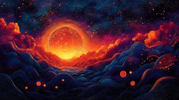 A captivating Afrofuturism-inspired abstract background, merging swirling cosmic patterns with African textile motifs. Deep purples, golds, and fiery oranges dominate the color palette, exuding both cosmic power and cultural richness. Glowing orbs and ancient symbols flow through the design, representing a fusion of ancient wisdom and futuristic vision. The visual evokes themes of identity, alienation, empowerment, and the beauty of African heritage in a cosmic context.