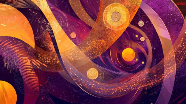 A captivating Afrofuturism-inspired abstract background, merging swirling cosmic patterns with African textile motifs. Deep purples, golds, and fiery oranges dominate the color palette, exuding both cosmic power and cultural richness. Glowing orbs and ancient symbols flow through the design, representing a fusion of ancient wisdom and futuristic vision. The visual evokes themes of identity, alienation, empowerment, and the beauty of African heritage in a cosmic context.