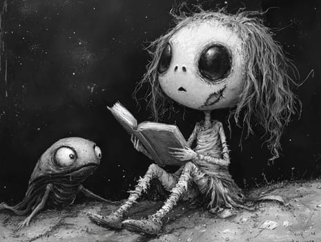This charming black-and-white illustration features a cute little zombie with messy hair engrossed in reading a story to an alien seated on the ground. Crafted in a pencil drawing style, the cartoon character design is perfect for a children's book, with simple details that enhance its playful appeal. The full-body shot captures the whimsical interaction between the two characters, while the wide-angle perspective adds depth to the scene. This delightful artwork sparks imagination and encourages young readers to explore the joys of storytelling and friendship.