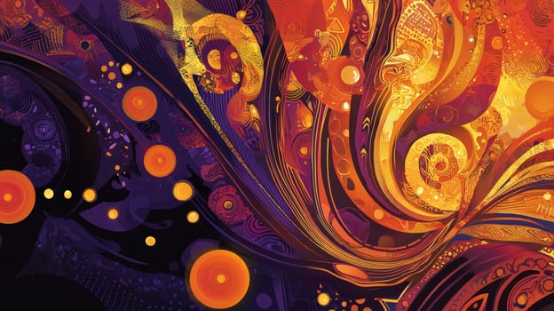 A captivating Afrofuturism-inspired abstract background, merging swirling cosmic patterns with African textile motifs. Deep purples, golds, and fiery oranges dominate the color palette, exuding both cosmic power and cultural richness. Glowing orbs and ancient symbols flow through the design, representing a fusion of ancient wisdom and futuristic vision. The visual evokes themes of identity, alienation, empowerment, and the beauty of African heritage in a cosmic context.