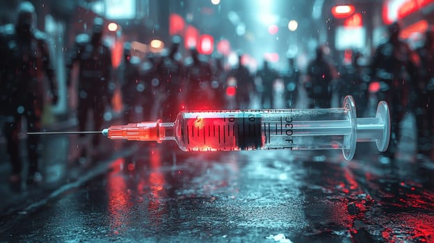 A powerful close-up of a syringe, with a looming mob of people in the background, creating an atmosphere of tension and fear. The crowd's expressions convey unease and threat, highlighting the emotional and social dynamics surrounding medical interventions. The image evokes themes of mistrust, confrontation, and public reaction in the face of healthcare decisions.
