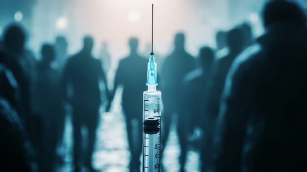A powerful close-up of a syringe, with a looming mob of people in the background, creating an atmosphere of tension and fear. The crowd's expressions convey unease and threat, highlighting the emotional and social dynamics surrounding medical interventions. The image evokes themes of mistrust, confrontation, and public reaction in the face of healthcare decisions.