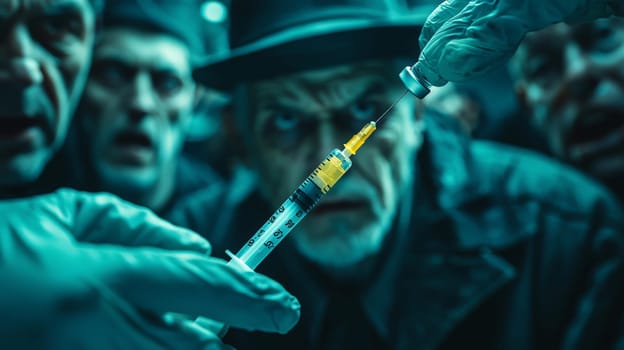 A powerful close-up of a syringe, with a looming mob of people in the background, creating an atmosphere of tension and fear. The crowd's expressions convey unease and threat, highlighting the emotional and social dynamics surrounding medical interventions. The image evokes themes of mistrust, confrontation, and public reaction in the face of healthcare decisions.