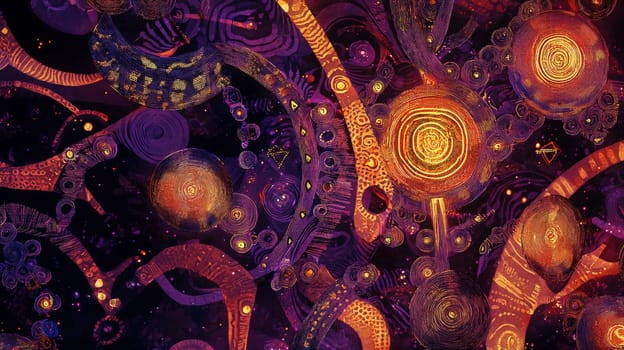 A captivating Afrofuturism-inspired abstract background, merging swirling cosmic patterns with African textile motifs. Deep purples, golds, and fiery oranges dominate the color palette, exuding both cosmic power and cultural richness. Glowing orbs and ancient symbols flow through the design, representing a fusion of ancient wisdom and futuristic vision. The visual evokes themes of identity, alienation, empowerment, and the beauty of African heritage in a cosmic context.