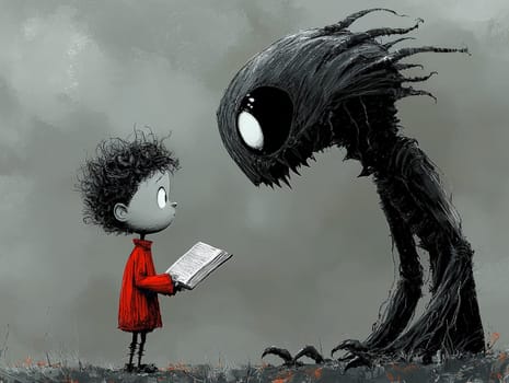 This charming black-and-white illustration features a cute little zombie with messy hair engrossed in reading a story to an alien seated on the ground. Crafted in a pencil drawing style, the cartoon character design is perfect for a children's book, with simple details that enhance its playful appeal. The full-body shot captures the whimsical interaction between the two characters, while the wide-angle perspective adds depth to the scene. This delightful artwork sparks imagination and encourages young readers to explore the joys of storytelling and friendship.