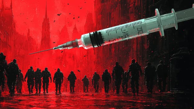 A powerful close-up of a syringe, with a looming mob of people in the background, creating an atmosphere of tension and fear. The crowd's expressions convey unease and threat, highlighting the emotional and social dynamics surrounding medical interventions. The image evokes themes of mistrust, confrontation, and public reaction in the face of healthcare decisions.