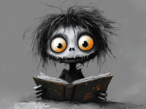This charming black-and-white illustration features a cute little zombie with messy hair, engrossed in a book. Rendered in a pencil drawing style, the cartoon character design captures the whimsical essence perfect for a children's book. With simple details and a full-body shot, the artwork invites young readers into a playful world of imagination. The wide-angle perspective adds depth, enhancing the overall enchantment of the scene, making it an ideal illustration for storytelling.