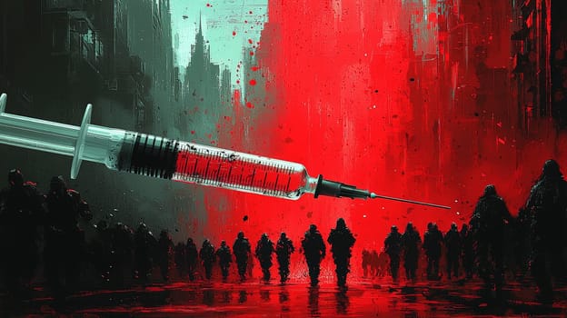 A powerful close-up of a syringe, with a looming mob of people in the background, creating an atmosphere of tension and fear. The crowd's expressions convey unease and threat, highlighting the emotional and social dynamics surrounding medical interventions. The image evokes themes of mistrust, confrontation, and public reaction in the face of healthcare decisions.