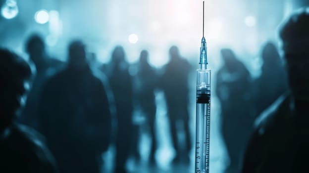 A powerful close-up of a syringe, with a looming mob of people in the background, creating an atmosphere of tension and fear. The crowd's expressions convey unease and threat, highlighting the emotional and social dynamics surrounding medical interventions. The image evokes themes of mistrust, confrontation, and public reaction in the face of healthcare decisions.