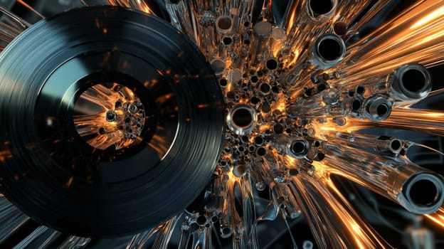 A dynamic artwork featuring a vinyl record as the central element, with metallic pipes and nuts flowing outward in a mesmerizing, artistic arrangement. The pipes glisten with vivid reflections, while the bolts and nuts form intricate, symmetrical patterns. Set against a futuristic industrial background, the sharp lighting and deep shadows create a high-contrast, ultra-detailed scene. The combination of geometric forms, mechanical precision, and shimmering textures evokes a sense of industrial beauty and innovation.