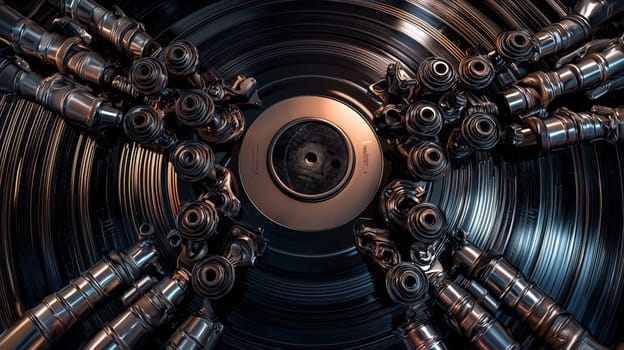 A dynamic artwork featuring a vinyl record as the central element, with metallic pipes and nuts flowing outward in a mesmerizing, artistic arrangement. The pipes glisten with vivid reflections, while the bolts and nuts form intricate, symmetrical patterns. Set against a futuristic industrial background, the sharp lighting and deep shadows create a high-contrast, ultra-detailed scene. The combination of geometric forms, mechanical precision, and shimmering textures evokes a sense of industrial beauty and innovation.