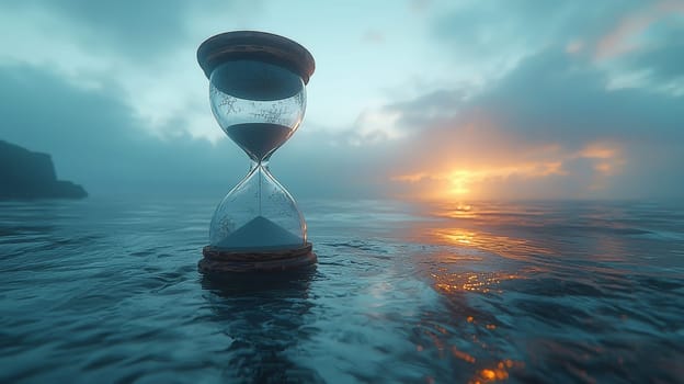 A medium shot of an hourglass standing alone on a distant shoreline, with more sand in the upper chamber than the lower. As sand trickles slowly down, the hourglass reflects in the water, with slight ripples distorting its image. In the background, a soft sunrise casts a pale, melancholic light. Cracks begin to form on the hourglass, symbolizing fear, emotional wear, and the inevitable passage of time. The scene evokes feelings of isolation, fragility, and quiet contemplation.
