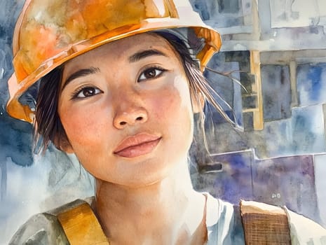 Watercolor Asian Industrial Construction Worker Woman