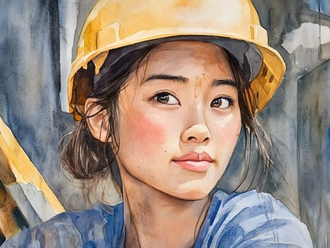Watercolor Asian Industrial Construction Worker Woman