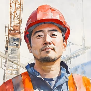 Watercolor men male Asian Builder Construction Worker