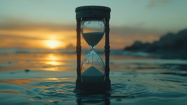 A medium shot of an hourglass standing alone on a distant shoreline, with more sand in the upper chamber than the lower. As sand trickles slowly down, the hourglass reflects in the water, with slight ripples distorting its image. In the background, a soft sunrise casts a pale, melancholic light. Cracks begin to form on the hourglass, symbolizing fear, emotional wear, and the inevitable passage of time. The scene evokes feelings of isolation, fragility, and quiet contemplation.