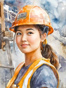 Watercolor Asian Industrial Construction Worker Woman