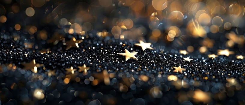 A magical display of golden stars sparkling against a dark, mystical background, creating a festive and enchanting atmosphere