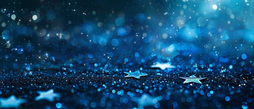 Sparkling stars and glitter on a dark blue background, creating a magical and festive atmosphere