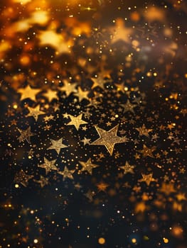 A mesmerizing display of golden stars sparkling against a dark blue background, creating a festive, magical atmosphere