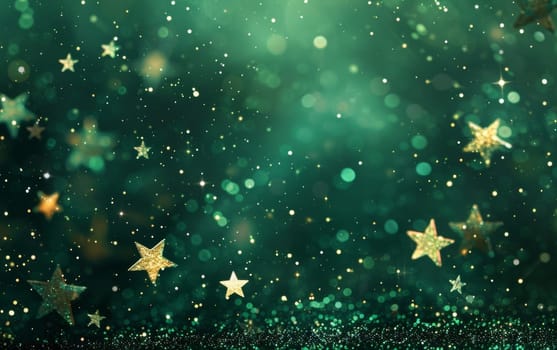 A magical green bokeh background with sparkling golden stars, creating a festive, dreamy atmosphere