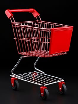 A vibrant red shopping cart against a black background, highlighting its sleek design and modern retail concept.