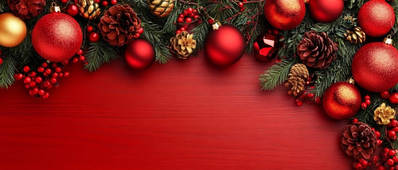 Christmas decorations including red and gold baubles, pine cones, and fir branches creating a festive border on red background with copy space.