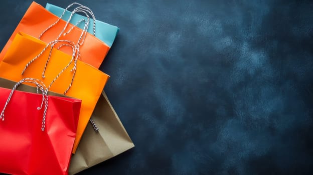 Vibrant shopping bags in various colors arranged on a blue textured background, with ample copy space for text or design elements.