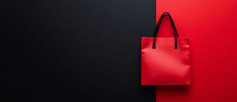 A striking red shopping bag set against a contrasting black and red background with ample copy space, ideal for sales and promotions.