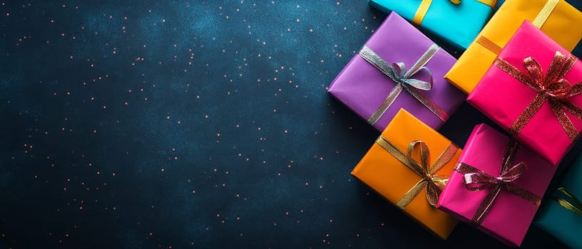 A vibrant array of gift boxes with glittering bows on a sparkling background, perfect for festive celebrations and copy space.