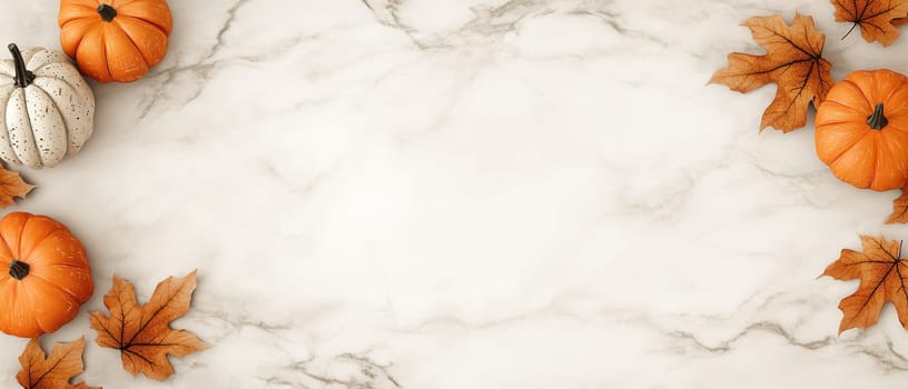 Small pumpkins and autumn leaves arranged on a marble background, offering elegant copy space for seasonal projects.