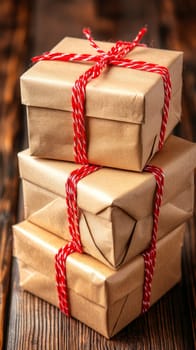 Three kraft paper gift boxes stacked on a wooden surface, tied with festive red and white twine, perfect for holiday or special occasion gift-giving.