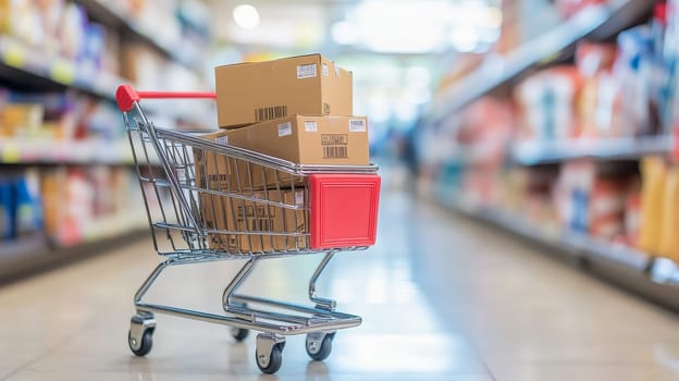 Shopping cart filled with cardboard boxes in a blurred supermarket aisle, representing online shopping, delivery, and retail concepts.