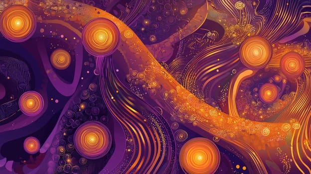 A captivating Afrofuturism-inspired abstract background, merging swirling cosmic patterns with African textile motifs. Deep purples, golds, and fiery oranges dominate the color palette, exuding both cosmic power and cultural richness. Glowing orbs and ancient symbols flow through the design, representing a fusion of ancient wisdom and futuristic vision. The visual evokes themes of identity, alienation, empowerment, and the beauty of African heritage in a cosmic context.