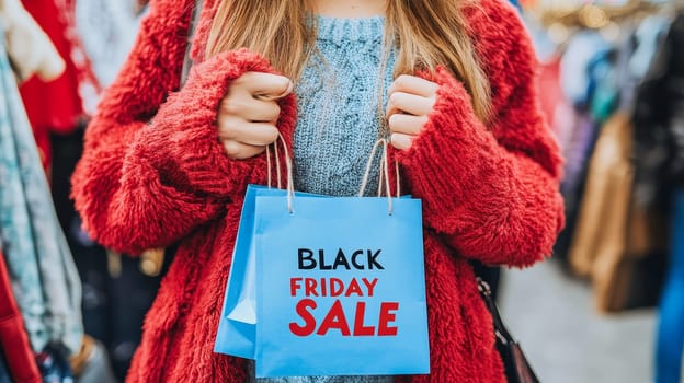 Close-up of a woman in a red fuzzy coat holding a blue shopping bag with Black Friday Sale text, symbolizing holiday season discounts and consumer enthusiasm.
