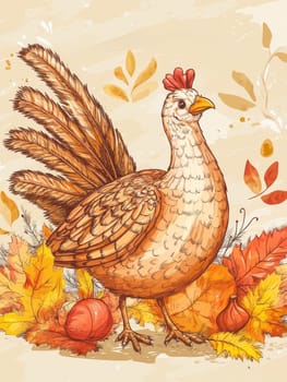 Whimsical illustration of a plump chicken surrounded by colorful autumn leaves, pumpkin, and seasonal elements, perfect for fall-themed designs.