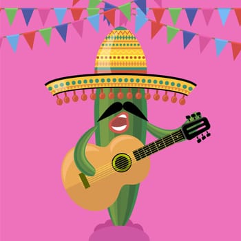 Vector green cactus with musical guitar. Cinco de mayo symbol on pink background.