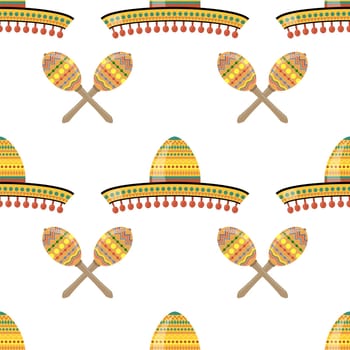 Vector Mexican sombrero with maracas. Cinco de mayo symbol isolated on white background. Seamless pattern.