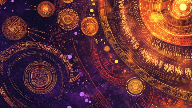 A captivating Afrofuturism-inspired abstract background, merging swirling cosmic patterns with African textile motifs. Deep purples, golds, and fiery oranges dominate the color palette, exuding both cosmic power and cultural richness. Glowing orbs and ancient symbols flow through the design, representing a fusion of ancient wisdom and futuristic vision. The visual evokes themes of identity, alienation, empowerment, and the beauty of African heritage in a cosmic context.