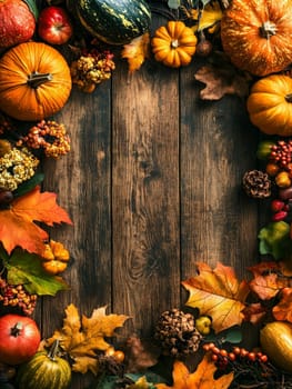 Colorful autumn harvest frame with pumpkins, apples, and fall leaves arranged on rustic wooden background, perfect for seasonal designs with copy space.