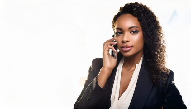 gorgeous elegant business woman talking on mobile phone, AI generated image