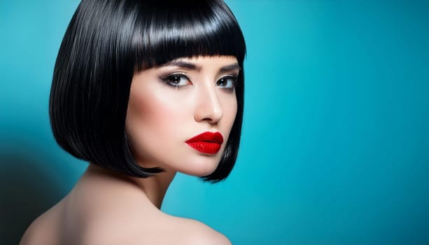 gorgeous woman bob haircut sixties retro futuristic style red lipstick, AI generated image