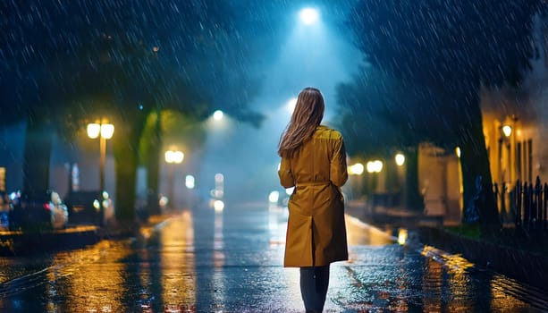 gorgeous elegant woman walking alone at night in the city centre, AI generated image