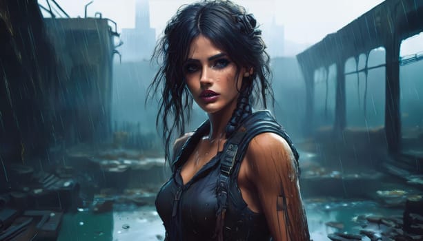 gorgeous goth woman in abandoned factory ruins, AI generated image