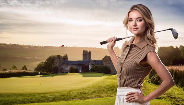 beautiful woman playing golf, AI generated image