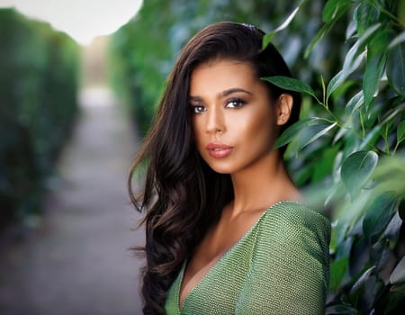 gorgeous woman in a green dress, AI generated image