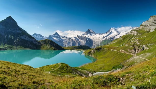 imaginary swiss mountain lake landscape, AI generated image